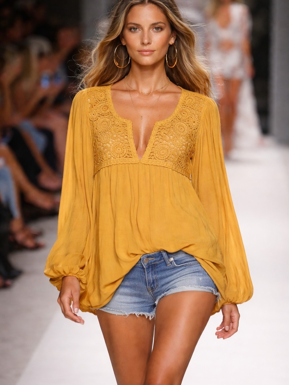 Cupio Mustard Crochet Yoke Peasant Blouse